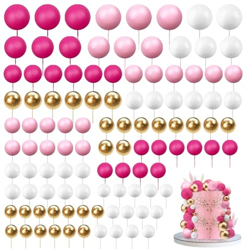 Tortendeko Kugeln Cake Topper, 108 Stück Mini Kuchen Dekoration Kugel, Schaum Ballon Topp Die Torte für Hochzeit Babyparty Geburtstag Torte Dekorieren (Rosenrot Rosa Weiß Golden)