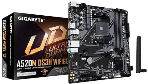 GIGABYTE A520M DS3H WIFI6E Motherboard - Supports AMD Ryzen 5000 Series AM4 CPUs, up to 4733MHz DDR4 (OC), 1xPCIe 3.0 M.2, WIFI 6E, GbE LAN, USB 3.2 Gen 1