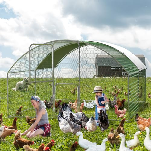 GarveeHome Geräumiger Metall Hühnerstall mit begehbarem Auslauf Wetterfeste & UV Beständige Abdeckung Stabiles PVC Sechseckgitter & Doppeltür Sicheres Hühnerhaus für Garten, geeignet für Hühner