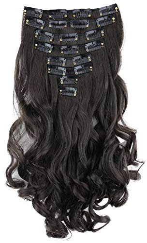 CAISHA XXL 8 Teiliges Set 45cm Langhaarige CLIP IN EXTENSIONS Synthetik Haarverlängerung Haarteil Voluminös Gelockt Schokobraun CES21-1