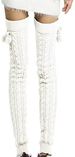 HAHAEMMA EMMA Damen Mädchen 1 Paar Bein Stulpen Legwarmer Groben Gestrickt Verdrehte Muster mit Schleife One Size Overknee Winter Beinlinge Flauschig-WH