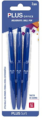 Plus Office - Plus Soft Kugelschreiber, 3er-Pack, einziehbar, besonders glattes Schreiben und Berühren, viskose Flüssigtinte, optimal für Büro, Zuhause und Schule, Blau und Strichstärke 0,7 mm