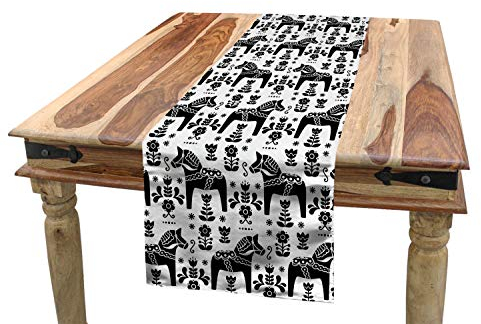 ABAKUHAUS nordisch Tischläufer, Schwede Dala Pferde, Esszimmer Küche Rechteckiger Dekorativer Tischläufer, 40 x 225 cm, Schwarz und Weiß