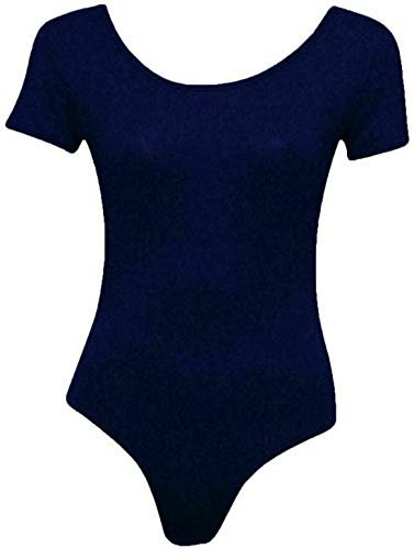 FAIRY TRENDZ LTD Ladies Stretch Bodysuit Top Womens Cap Sleeve Plain Round Neck Stretch Fitted Leotard(Navy UK 12-14)