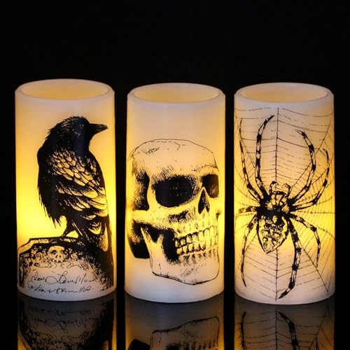 Eldnacele Halloween Flammenlose Stumpenkerzen mit 6H Timer, Batteriebetriebene Echtwachs-LED-Kerzen mit Krähe Spinne Spinnweb Totenkopf-Muster für Horror Gruselige Halloween Heimdekoration Geschenk