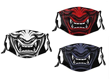XCNGG Weiße japanische Oni-Dämonen-Gesichtsmaske mit Filtertasche Waschbares Gesicht Bandanas Sturmhaube Wiederverwendbare Stoffmaske mit 2 Stück Filter