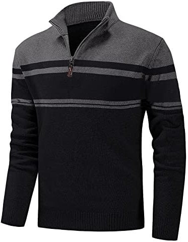 KEFITEVD Mens Sweaters Winter Long Sleeve Jumper V Neck Striped Knitwear Pullover Soft Stand Collar Warm Jumpers Black S