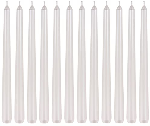 Set Stabkerzen Dinnerkerzen Leuchterkerzen Tafelkerzen Spitzkerzen metallische Optik 7 Stunden Brenndauer (25cm - 12 Stück, Perlmutt-Weiß)