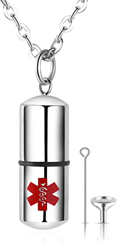 Flongo SOS Kapsel Notfall Anhänger Kette Halskette Silber Rot Medical Alert ID SOS Notfall Notfall-Kapsel Medizinische Marke Herren, Damen