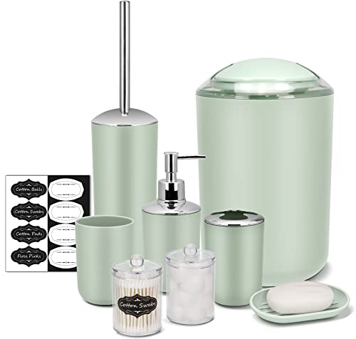IMAVO Juego de Accesorios de baño – Juego de 8 Accesorios de baño Verdes con Papelera, dispensador de jabón, jabonera, Soporte para Cepillo de Dientes, Taza para Cepillo de Dientes, Soporte para