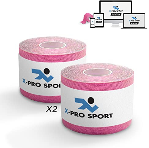 Nastro Kinesiologico 5m x 5cm, 1/2/4 Rotoli Nastro Kinesiologico, X-PRO SPORT Kinesio Tape con e-book con esempi applicazione, Cerotto Muscolare, Taping Forte Resistente Elastico (2 X ROSA)