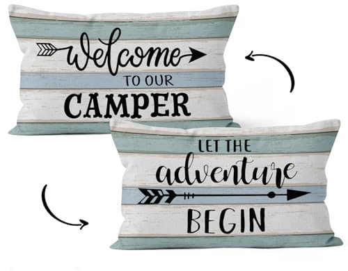 HIWX Dekorativer Kissenbezug mit Aufschrift Let The Adventure Begin Welcome to Our Camper, rustikales Camper-Motiv, für Wohnmobil, Sofa, Schlafzimmer, Heimdekoration, 30,5 x 50,8 cm, wendbarer