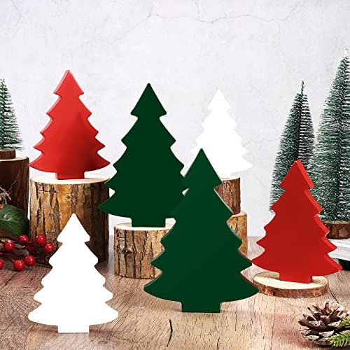 Qunclay 6 Stück Holz Weihnachtsbäume Tischdekoration Rustikale Holz Weihnachtsbäume Etagere Tablett Dekoration Mini Weihnachtsbaum Mini Holzblock Schilder Tischdekoration Ornamente (Baumstil)