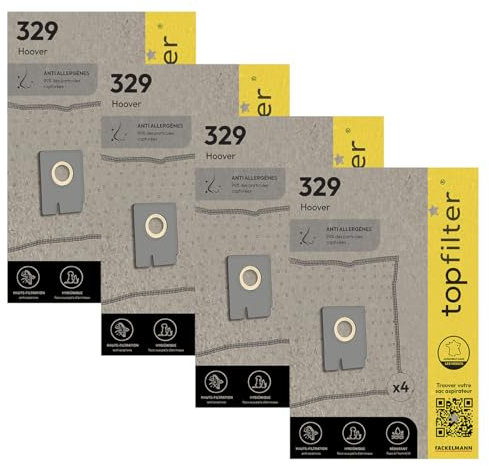 TopFilter 9995750 Lot de 4 packs de 4 sacs aspirateur 64329 Hoover Freespace EVO, sac aspirateur, poche aspirateur, accessoire aspirateur, Non tissé polypropylène, Caoutchouc, Carton, 30 x 26 cm