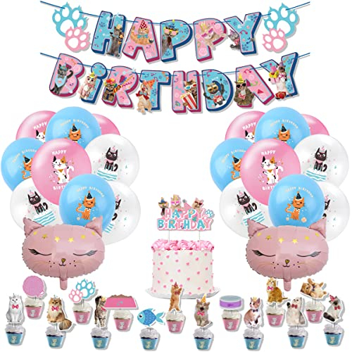SUNSK Geburtstagsballons Katze Tier Luftballons Runde Latexballon Happy Birthday Girlande Katze Kuchen Topper Geburtstag Deko für Kinder 35 Stück