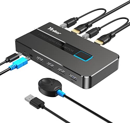 4K 60Hz HDMI KVM Switch 2 Puertos, Yinker HDMI KVM Switch 2 PC Soporta 2 Ordenadores 1 Monitor Teclado Ratón con Puerto de Carga Tipo C 2 x USB A y USB B Cable 4 puertos USB