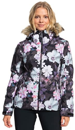 Roxy Women's Jet Ski WarmFlight Insulated Snow Jacket, True Black Blurry Flower, Medium
