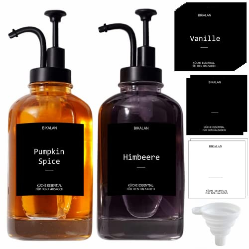 BIKALAN Kaffee Sirup Spender Glas Set, Kaffeesirup Pumpspender für Küche Coffee Bar, Sirup Pumpspender Kaffeesirupspender mit 24 Aufkleber, Trichter, 16.9 oz 500 ml, 2 Packung
