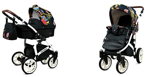 BabyLux Optimal 2-in-1 Baby Kinderwagen Tief und Kinderwagen mit Zubehör Verstellbar und faltbar Aluminium Konstruktion Wasserdicht Nicht abnehmbare Räder Grey Flex Black White Frame