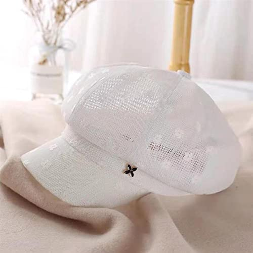 tcax Baskenmütze Damen Frauen-Barett-Kappen Mit Spitze-Blumen-Feste Zeitungsjungen-Kappen-Sommer-Achteckiger Hut Für Damen Weiß Schwarz, Weiß, 56-58 cm