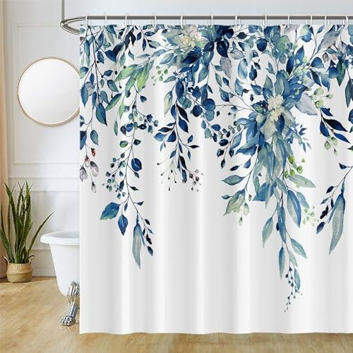 Uiiooazy Rideau Douche Anti Moisissure, Rideau de Douche 180x220cm Bleu Feuilles d'eucalyptus Vert Aquarelle Rideaux de Baignoire Tissu Lavable Imperméable Rideaux Salle de Bain avec 12 Crochets