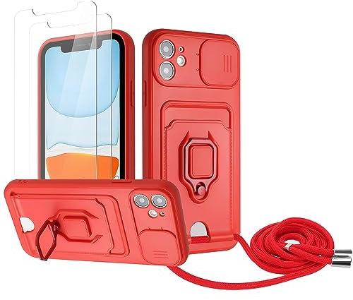 Zallagre Cover Compatibile con iPhone 11,[2 Pack] Vetro Temperato,Protezione Fotocamera,360°Magnetica Anello Supporto,Slot Schede,Custodia con Cordino-Rosso