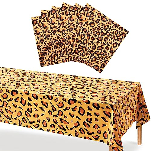 Jungle Safari Animals Party Tablecloth and Napkins Set,21P Leopard Print Party Tableware Set Table Decorations, Plastic PVC Tablecover and Serviettes for Kids Jungle Safari Zoo Animals Party Supplies