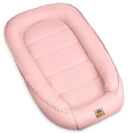 PIMKO Babynest Babynestchen für Baby Kuschelnest 2-seitig Babykokon für Säuglinge und Neugeborene Babynestchen 100% Baumwolle Nestchen geeignet für Zuhause 55 x 90 cm (Rosa mit klappe)
