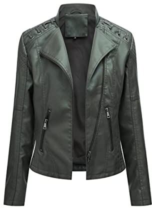 DISSA Damen Dunkelgrün Kunstleder Motorrad Jacke Lederjacke Schlank Reißverschluss Stehkragen Kurz Mantel,46,P6638