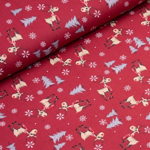 Weihnachtsstoff aus Baumwolle | Weihnachtsmuster Popeline zum Nähen | Stoff Weihnachten Meterware (Rentiere rot)