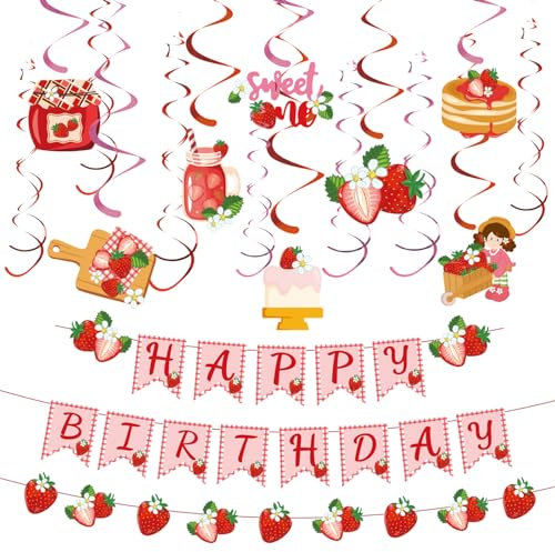 SUNBEAUTY Strawberry Happy Birthday Banner Pink Strawberries Bunting Birthday Decorations Hanging Swirls Berry Paper Banner Set for Theme Party Decor Supplies
