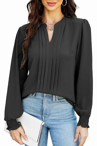Teesho Damenblusen Elegant V-Ausschnitt Casual Langarm Oberteile Plissee vorne Arbeit Shirts Tunika Hemd Tops (Schwarz/M)