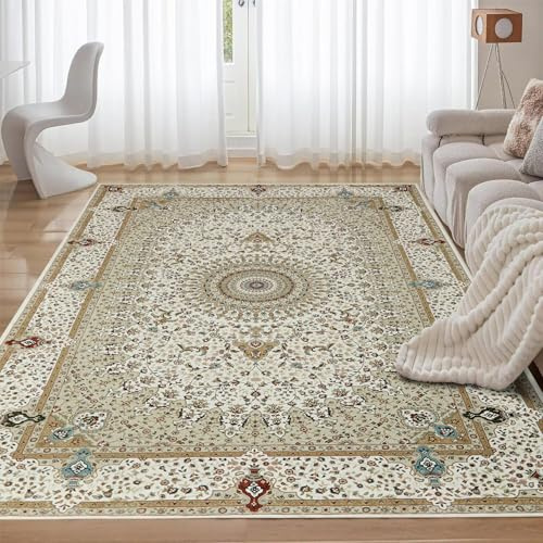 Aspire Homeware Traditional Living Room Rugs Large 160 x 230 - Beige Vintage Oriental Area Rugs – Classic Faux Fur Short Pile Cashmere Rug for Bedroom Easy To Clean (Willow Beige)