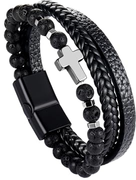 Dochais Bracelet Homme En Cuir Véritable, Viking Arbre De Vie, Pierre Naturelle Tressée, Avec Fermoir, Noir/Brun