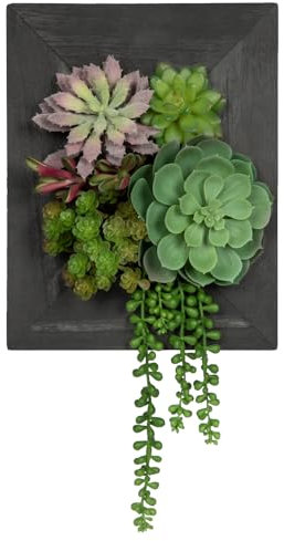 Oairse Fake Plants Succulents 3D Artificial Wall Hanging Plants Indoor Faux Succulent Arrangement in Wooden Planter for Home Farmhouse Kitchen Console Table Wall Decoration