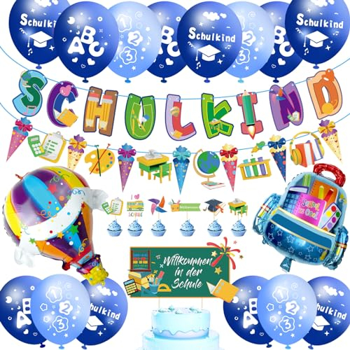 Einschulung Deko Junge, Deko Einschulung Junge Mädchen SCHULKIND Girlande, Zuckertüten Banner, 18 Luft-ba-llons mit ABC 123 Schulkind Motiv, Tortendeko, 2 Folienba-llon Schulanfang Deko (Blau)