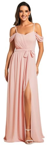 Ever-Pretty Robe de Demoiselle d'honneur Dos Nu Fendu Bretelles sans Manches Mousseline Taille Empire Robe de Cérémonie d'été Élégante Rose 46