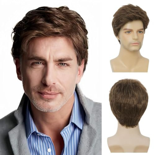 Siudus Mens Brown Short Wig Straight Side Part Layered Natural Hair Wigs Synthetic Fiber Guy Male Wig for Daily Use