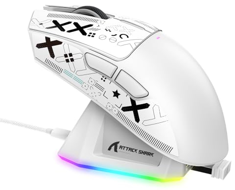 LexonElec x ATTACK SHARK X11 Mouse da Gioco Wireless con Dock di Ricarica Magnetico RGB, Sensore PixArt PAW3311, Leggero 59g Mouse da Gioco Tri-Mode, Cablate/2.4G/BT, Fino a 22K DPI per PC/Mac-Bianco