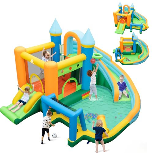 COSTWAY Château Gonflable Aquatique avec 2 Toboggan & Zone de Saut, Aire de Jeux Gonflable avec Mur d'escalade & Canon à Eau, Piscine & 50 Boules Océaniques, Charge 90kg pour 2 Enfants de 3-10 Ans
