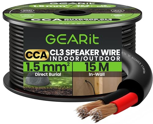 GEARit 2x1.5mm² Speaker Cable, CL3 In-Wall Rated CCA Speaker Wire 16 Gauge, 16AWG 2 Core Audio Cable for Home Cinema, Outdoor Direct Burial, Garden Speakers and Car Stereo- 15M, Black