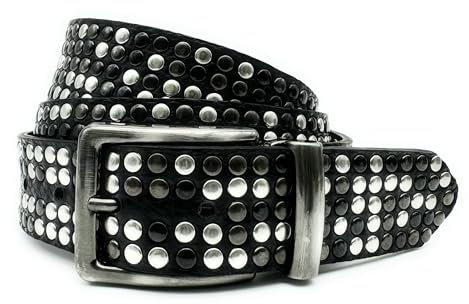 PASSIONE Cintura H 35 mm - VERA PELLE colore nero - BORCHIATA - Borchie miste - Fibbia a cricchetto - ACCORCIABILE - Made in Italy (Borchie Argento, Canna fucile chiaro e canna fucile scuro)