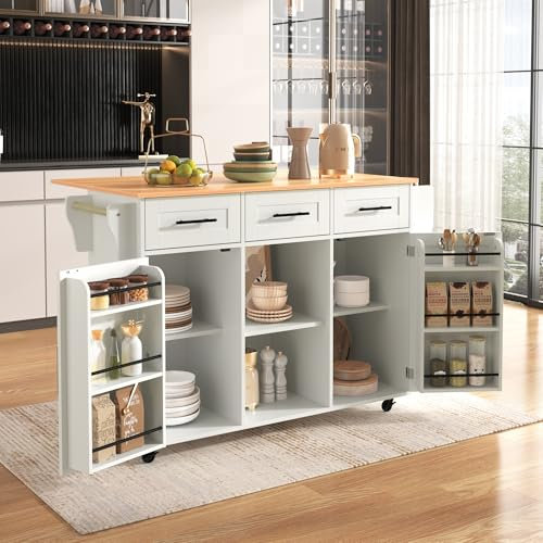 Carrito de Comedor Grande, encimera Plegable, Puerta de Almacenamiento, Ruedas, Patas de Madera Maciza reemplazables (Color Blanco + Madera, 139x71x91,5cm)