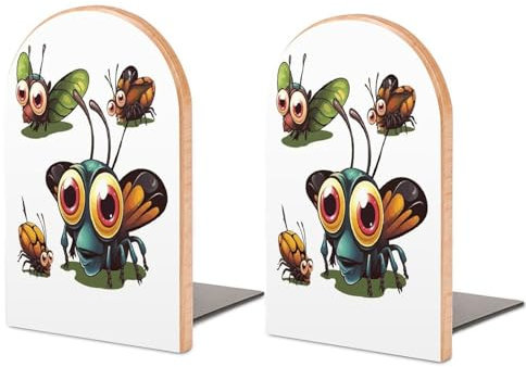 Serre-livres robustes en bois avec imprimé insectes de dessin animé, serre-livres décoratifs, serre-livres antidérapants pour étagères (1 paire)