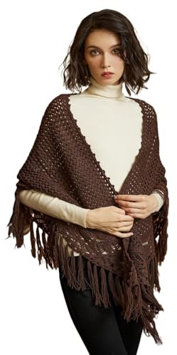 BEAUTELICATE Damen Gestricker Schal Stola Dreiecksschal Warm Hohl Stricken Cape Cardigan Elegantz Dreieckstuch Umschlagtüch mit Fransen für Herbst Winter Frühling (Kaffeebraun, Einheitsgröße)