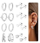 CASSIECA 8 Paar Ohrringe Silber, 316L Chirurgenstahl Ohrringe für Damen Herren Medizinische Ohrstecker und Creolen für Mehrfachpiercing 14K Vergoldet Helix Tragus Piercing Ohr Silber