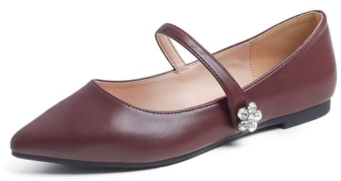 Feversole Women's Pointed Toe Patent Ballet Flat,Punta da Donna Balletto in Vernice per Balletto Maryjane Fibbia in Vernice Borgogna con Strass 38 EU