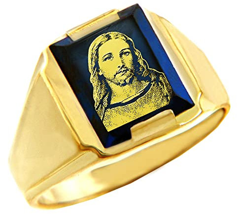 Joyara Solid Gelbgold Blau Zirkonia Stone Jesus Christ Siegelring Herren Ring 51 (16.2)