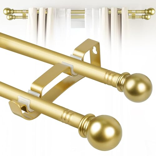 Double Curtain Rods for Windows Set 30 to 60 Inch | 5/8 Diameter, 2 PCS Drapey Pole Bracket, Gold Small Extra Long Heavy Duty Dual Curtain Rods for Bedroom, Living Room