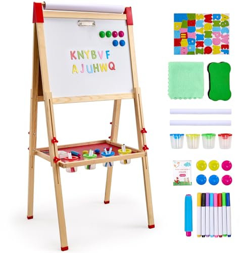 VEVOR Chevalet d'Art Enfants 3-en-1 Tableau Magnétique Blanc Noir Double Face, Planche à Dessin Bois Debout Réglable avec Accessoires, Support de Rouleau de Papier, pour Créativité, Garçons, Filles